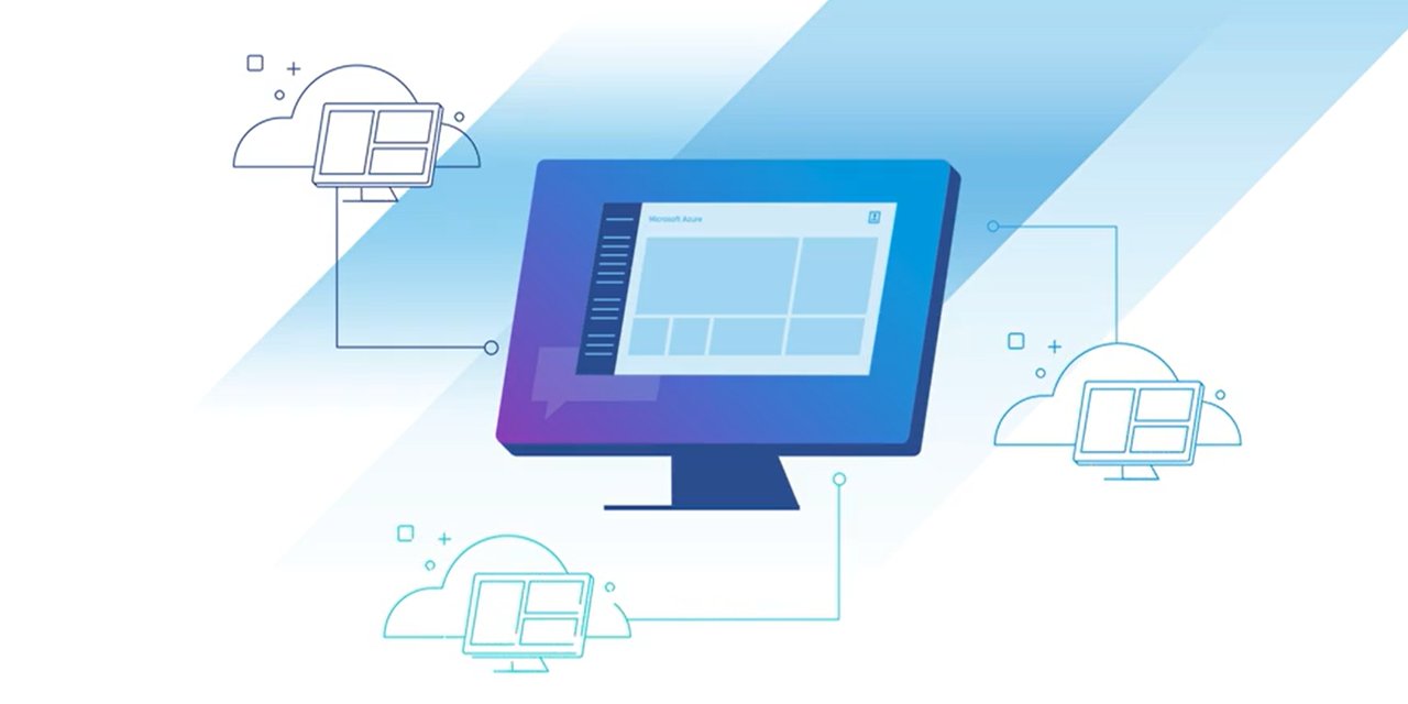 Graphic of computers connecting to cloud-hosted desktop using Microsoft Azure
